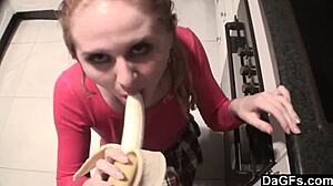 Amateur lesbian teens with tattoos kiss and play in the kitchen