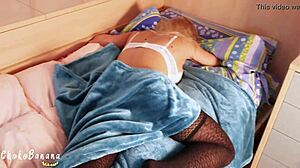 Masturbating with my stepsister in the room, getting her wet pussy horny for a creampie and banana fun