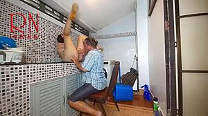 housewife gets fucked in washing machine with pussy licking domination