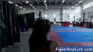 Muscular dyke pussylicked after wrestling