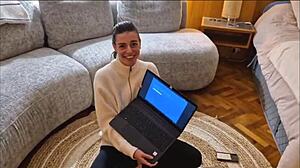 She gives a blowjob and swallows cum from his big cock while he fucks her pussy hard