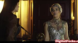 Glamorous lesbians finger and lick big tits in horny sapphic duo.