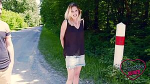 Lucille, the skinny blonde milf, teases outdoors with her sexy little ass