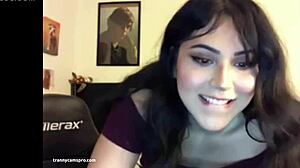 Hot chubby tranny strokes her meat and relaxes on webcam.