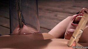 Hairy Pussy Brunette Endures Brutal Tit Torment