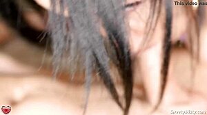 hot brunette gives closeup blowjob to big cock, ends with cumshot