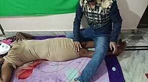 Young Indian housewife gets dirty sex with husband and friend in bedroom