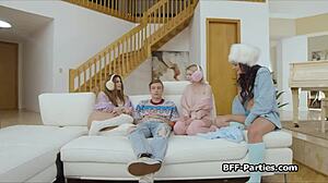 Big Dick Pounding Three Horny Girlfriends In Reality Group Blowjob Session