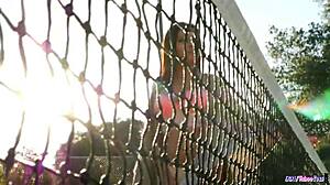 Stockinged milf babe dines on dick in outdoor fantasy