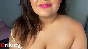 Bold brunette humiliates small dick with dildo JOI until cum