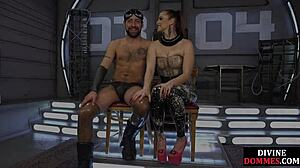 the lingerie-clad mistress spanks her bound subject in this glamour scene