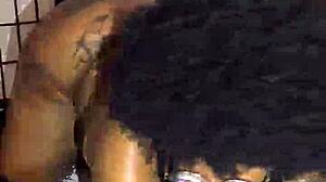 Ebony girl with shaking ass in the hood performs close-up scenes.