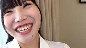 Satsuki-chan, the f-cup office lady with a mole near her mouth, moans as her shaved pussy is licked and nipples teased in homemade kissing blowjob.