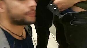 Bisexual guy sucks cocks in the metro bathroom toilet