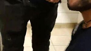Bisexual guy sucks cocks in the metro bathroom toilet