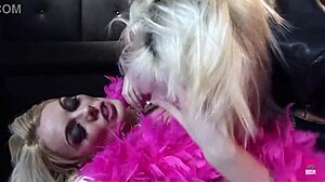 Two provocative blondes kiss in lingerie, eat pussy with dirty talk, then use dildo toy