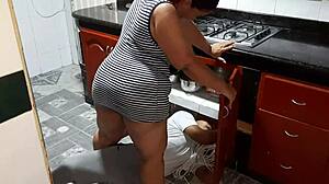 Latina bbw fucks repair guy's big black cock.