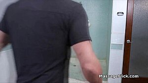 Blowjob training for the new busty masseuse in the shower.