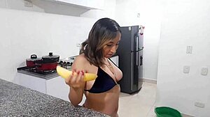 Hot Big-Titted Latina So Horny She Fucks a Huge Banana in Her Kitchen!