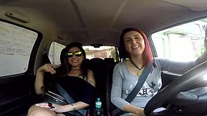 Two crossdressing cats show off on the street and fuck a guy in a Jimmy!