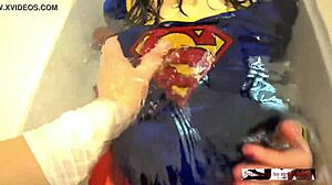 supergirl cosplays, bathes, masturbates to orgasm in shower