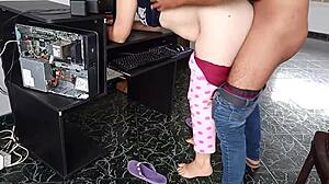 Spying on neighbor alone on computer, fucking her despite cuckold boyfriend, almost caught.