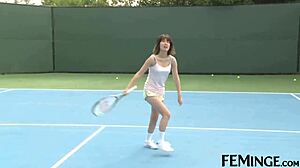 Blonde, brunette, and redhead lesbians intensely lick pussy on tennis court