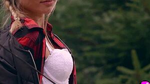 Petite Blonde MILF Playboy Model Zhenya Belaya Undresses In Lingerie Outdoors