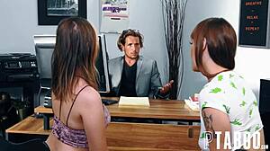 Gwen and Rebecca swap cum in hardcore threesome action