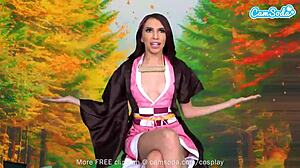 Cute teen cosplays as nezuko and masturbates with huge dildos on camsoda