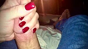 Sexy hands jerking big cock close up