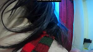 Zamira's big ass in her first costume, Aleja in Ecuador shirt, enjoying taboo blowjob while watching the game