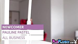 Elegant teen model pauline pastel strips in black lingerie and rips clothes