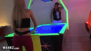 Tight blonde teen 18+ with shaved pussy fucks monster cock while wearing thong.