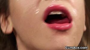 Frisky doll endures extreme cumshot facial in blowbang bukkake