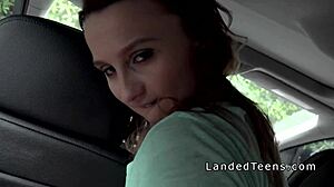 Natural busty teen 18+ flashes in the car for voyeur hitchhiker reality.