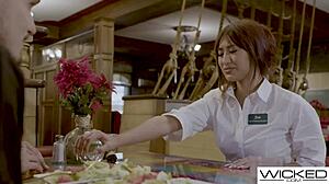 Wicked magician couple have hot asian waitress watch them fuck hard with licking and doggystyle