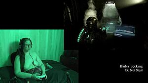 this naked brunette is playing deadspace, big tits on display