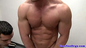 Close Up Orgy Climax Features Athletic Bodybuilder Hunks In Group Masturbation.