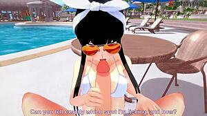 yor forger in bikini at pool with spy x family genshin impact fantasyking3