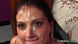 Hottie sucks sperm in blowbang facial