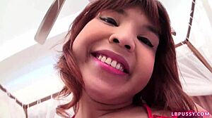 Post-op ladyboy Yumi moans using vibrator on lactating pussy