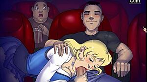 Horny Blonde Teen Girlfriend Sucks Big Cock in Public Cinema!