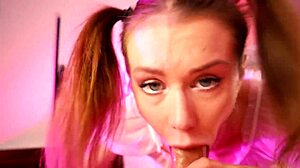 cute pigtails girl swallows big cock cum