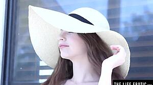 Gorgeous brunette fingers her hairy pussy and teases natural tits