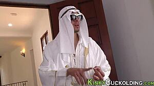 Arabic skank blows and fucks while cuckold watches humiliated