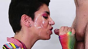 She proudly TAKES his COCK in her mouth, HANDLING it until he CUMS on her face