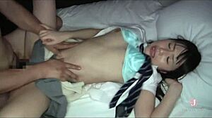 Beautiful dark-haired girl enjoys intimate moments with older man