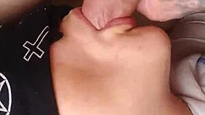 She gives a blindfolded blowjob to the masked old man