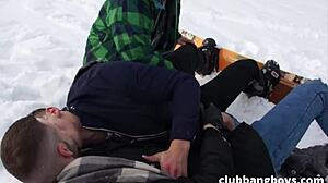 Three Gay Snowboarders Kiss and Bareback After Slopes